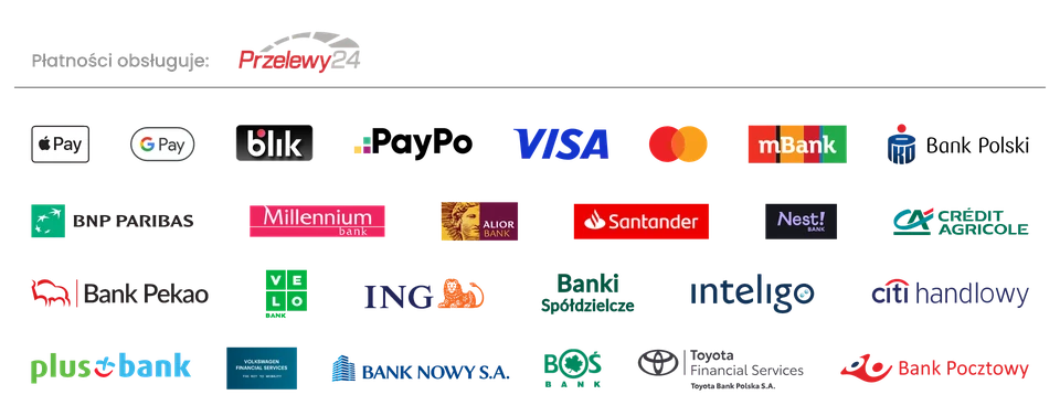 Metody płatności obsługiwane przez Przelewy24 — BLIK, Visa, Mastercard, Apple Pay, Google Pay, PayPo oraz szybkie przelewy z banków